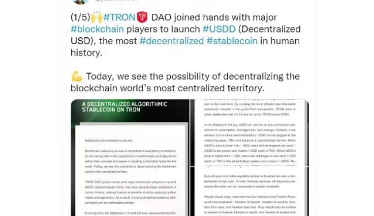 سعادة جاستن صن، مؤسس شركة "ترون" (TRON)، يعلن عن إطلاق العملة الرقمية المستقرة اللامركزية يو إس دي دي (USDD)